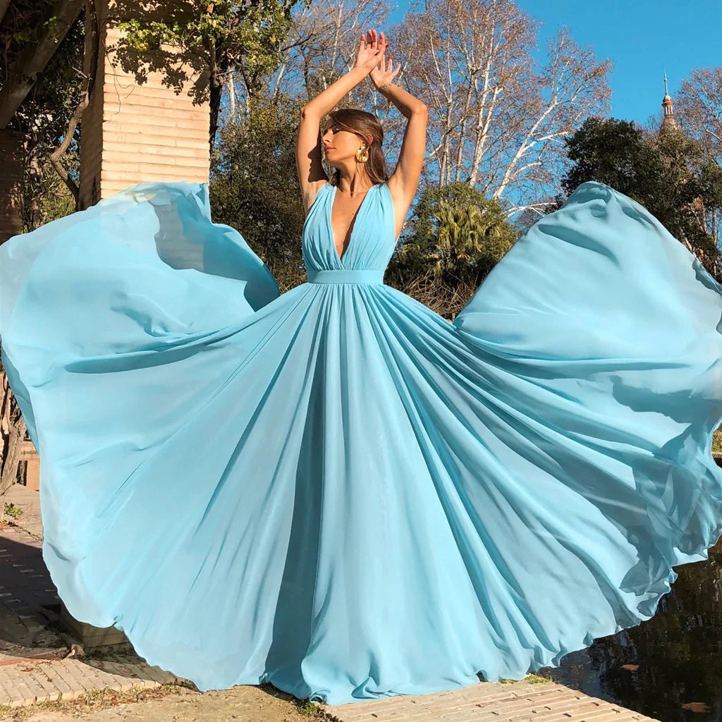 Vestidos formales de mujer, corte A, escote en V, sin mangas, hasta el suelo, de gasa, para fiesta / Tienda de vestidos de fiesta